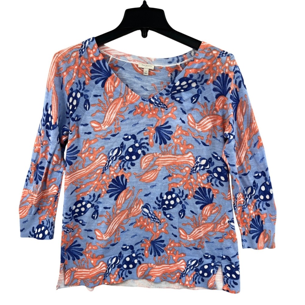 Talbots Coastal Beachy Lobster Crab Sweater Size S Blue Cotton Lightweight‎